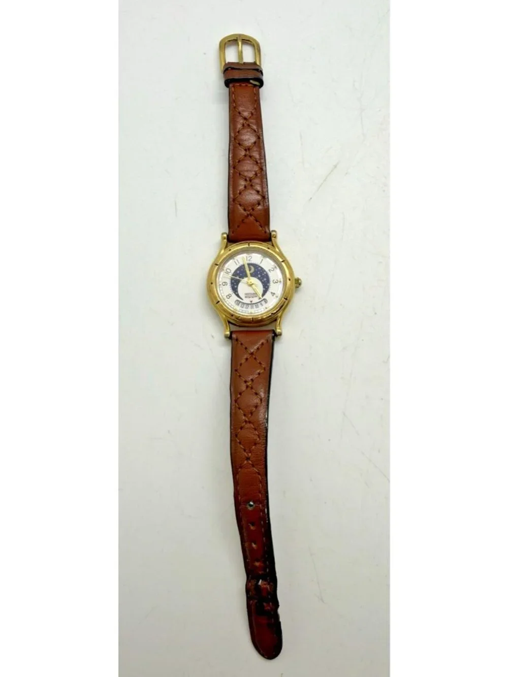Vtg Brittania Moon Phase Quartz Watch BL232 Gold Tone Date Brown Leather Band